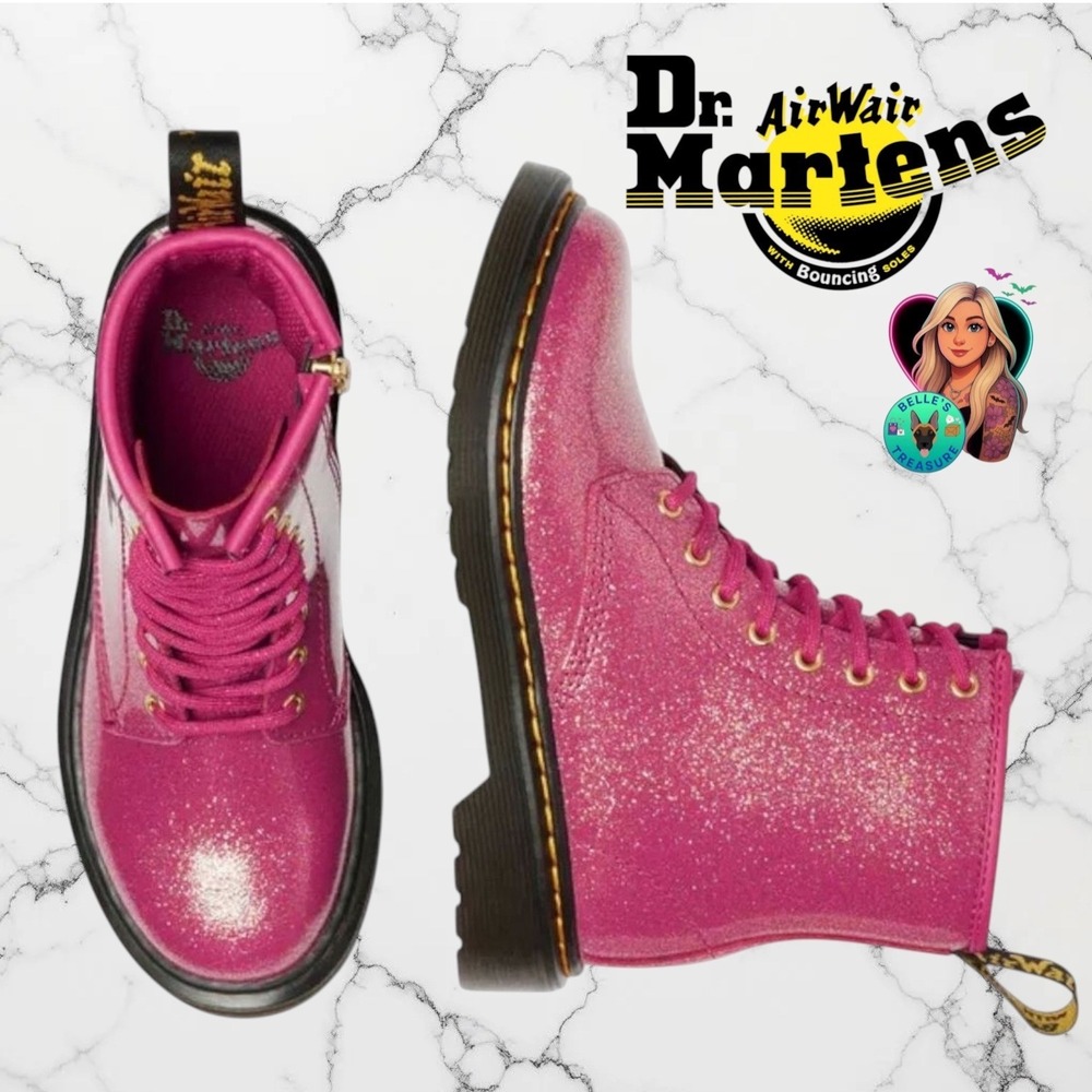 Dr. Martens 1460 Pink Gold Glitter Lace Up Side Zip Combat Boots Women's 7